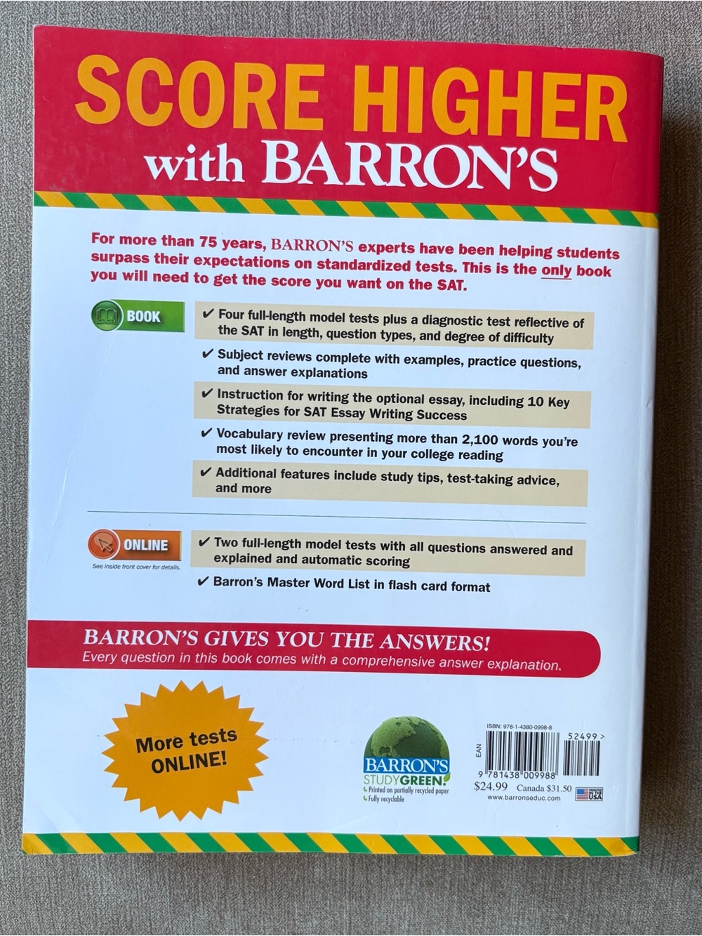 Barron's SAT 29th Edition Study Guide Sharon Weiner Green Paperback Exam Prep - Picture 2 of 4